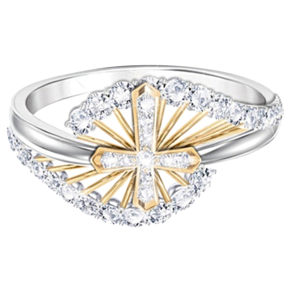 Women Dual Tone Rhinestone Inlaid Cross Finger Ring Wedding Engagement Jewelry